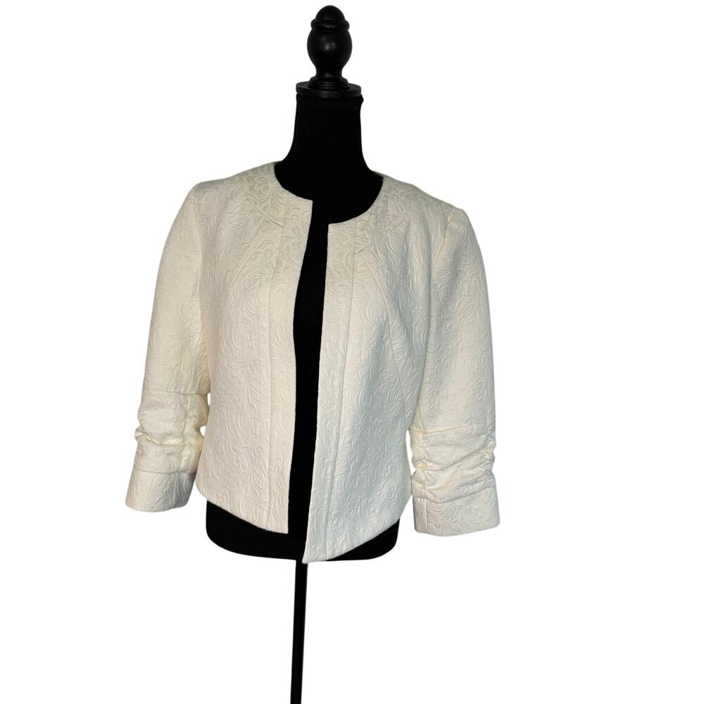 Peck & Peck Ivory Textured Jacket Open Front Cropped Blazer 3/4 Sleeve Classic - Picture 2 of 8